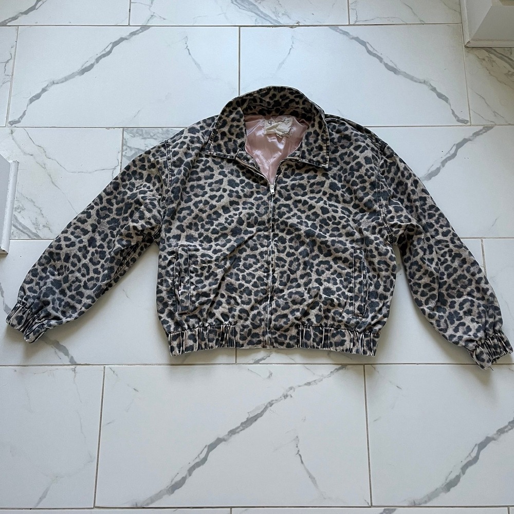 Pilcro Anthropologie leopard-print denim cotton zip bomber jacket sz large